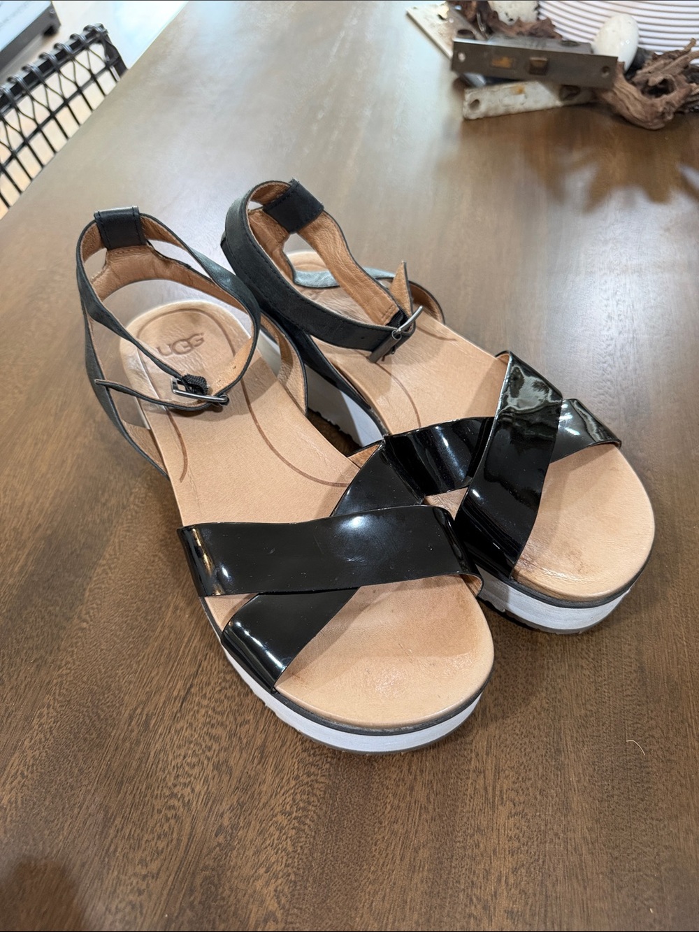 UGG Black Patent Platform Sandals with White Soles